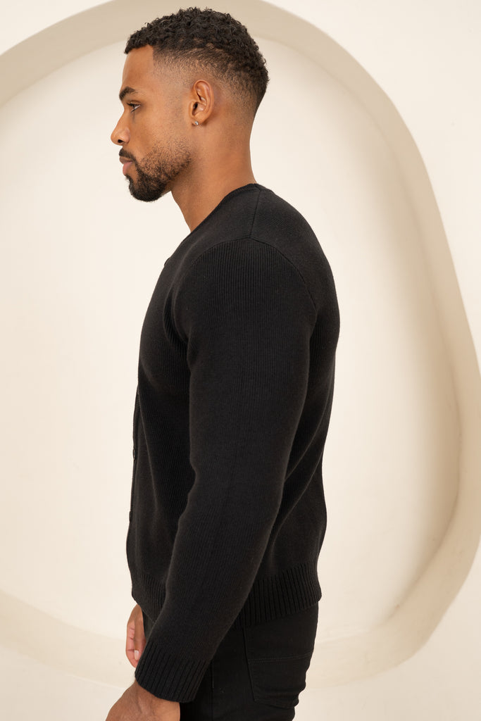 Y Neck Button Up Cardigan - Black