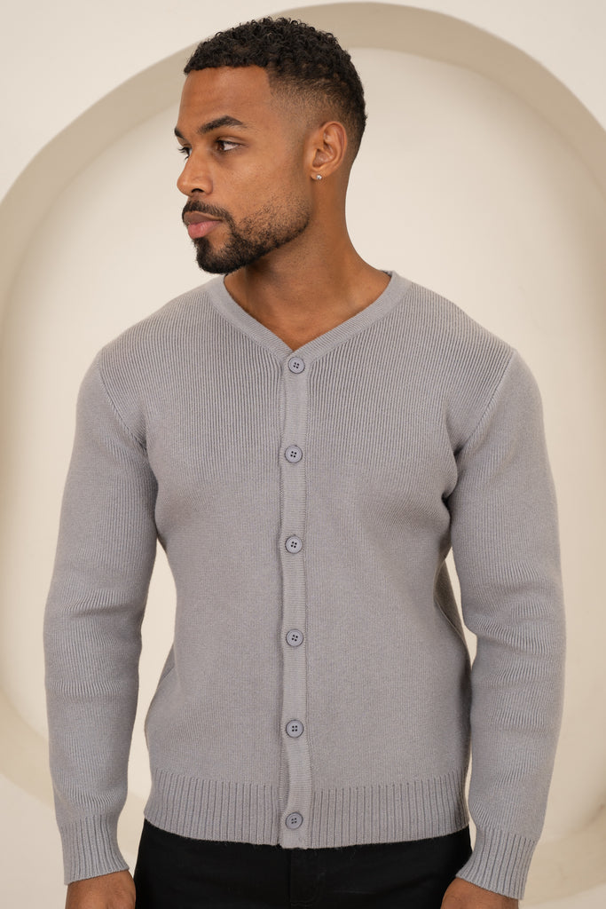 Y Neck Button Up Cardigan - Grey
