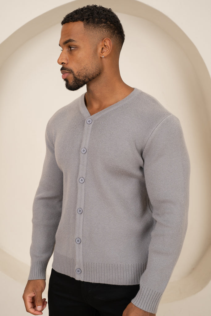 Y Neck Button Up Cardigan - Grey
