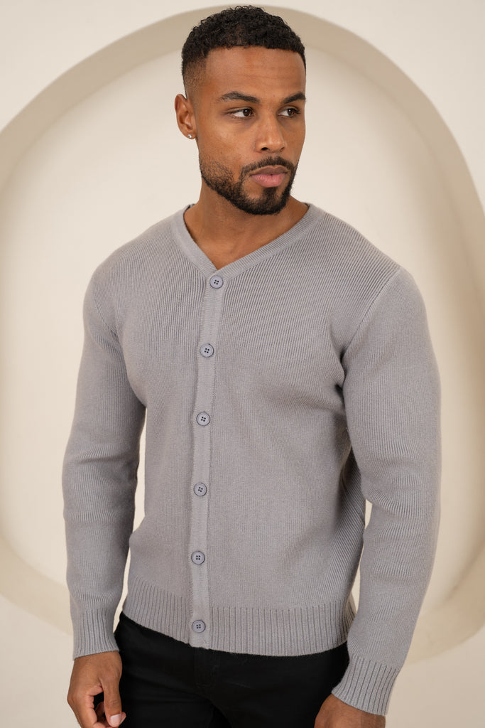 Y Neck Button Up Cardigan - Grey