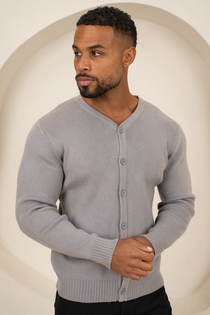 Y Neck Button Up Cardigan - Grey
