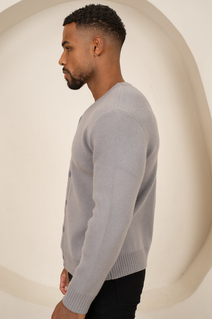Y Neck Button Up Cardigan - Grey