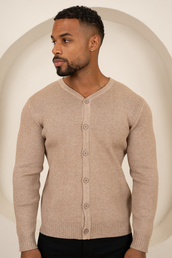 Y Neck Button Up Cardigan - Oatmeal
