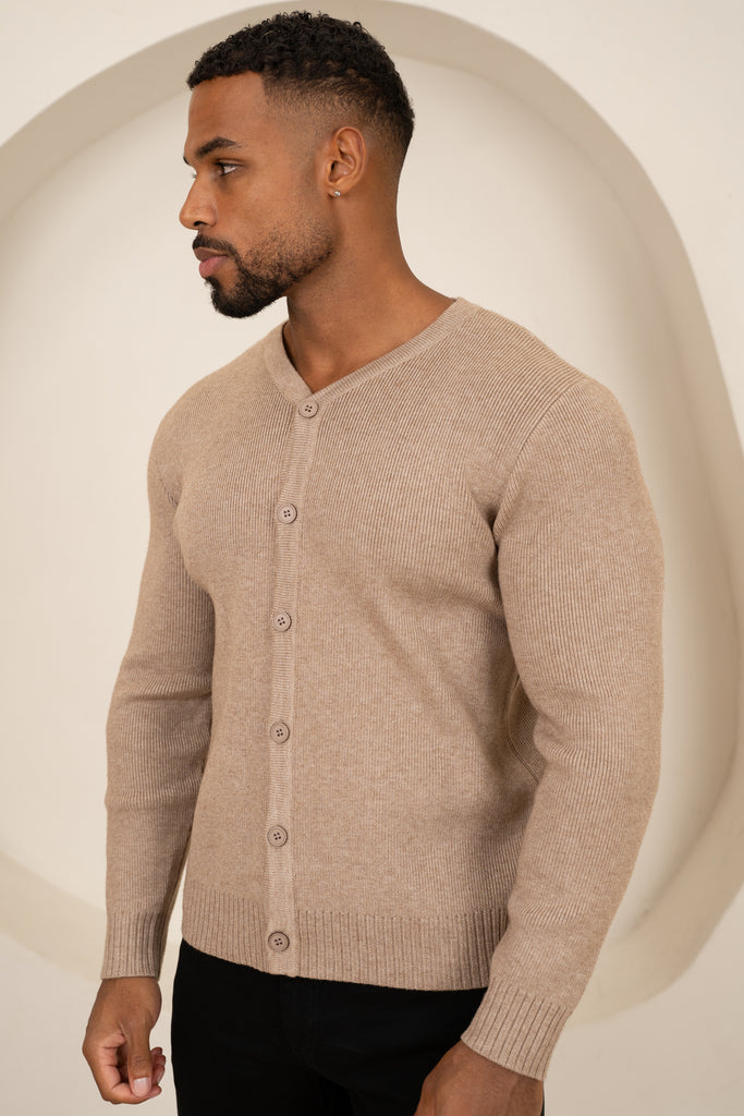Y Neck Button Up Cardigan - Oatmeal