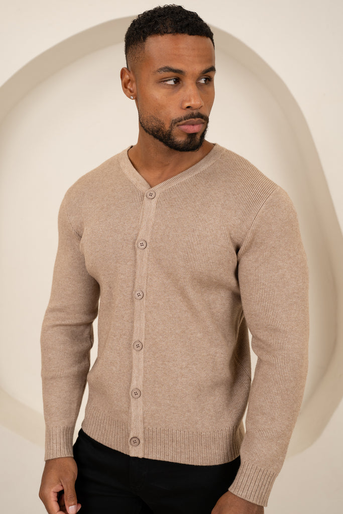 Y Neck Button Up Cardigan - Oatmeal