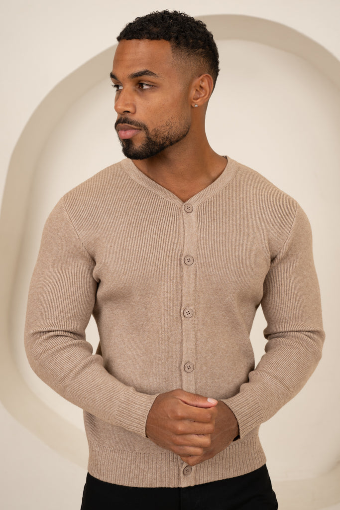 Y Neck Button Up Cardigan - Oatmeal