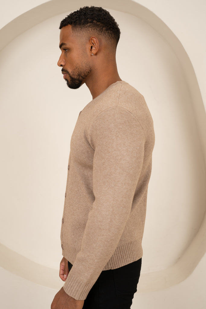 Y Neck Button Up Cardigan - Oatmeal